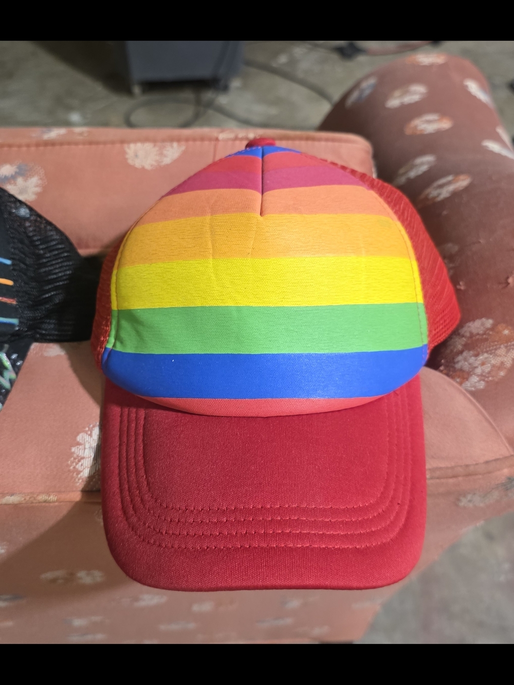 Men's Rainbow Stripe Red Trucker Cap